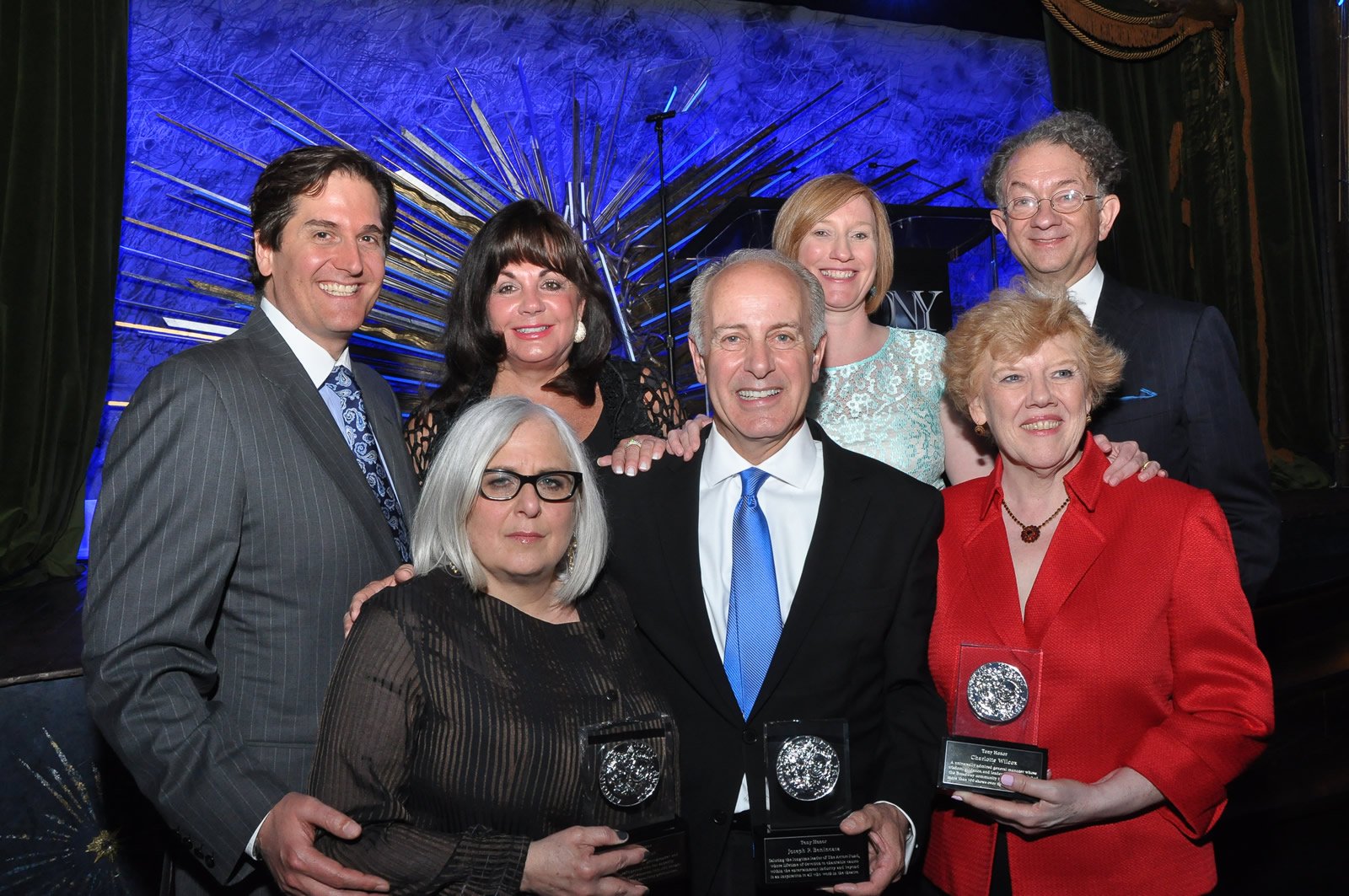 The Broadway League's Nick Scandalios and Charlotte St. Martin, The Wing's Heather Hitchens and William Ivey Long w/Joe Benincasa, Joan Marcus, and Charlotte Wilcox