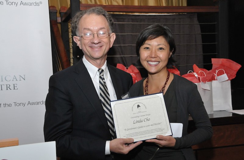 Chairman of The Wing William Ivey Long presents the Henry Hewes Design Award to Linda Cho.  Credit: Shevett Studios