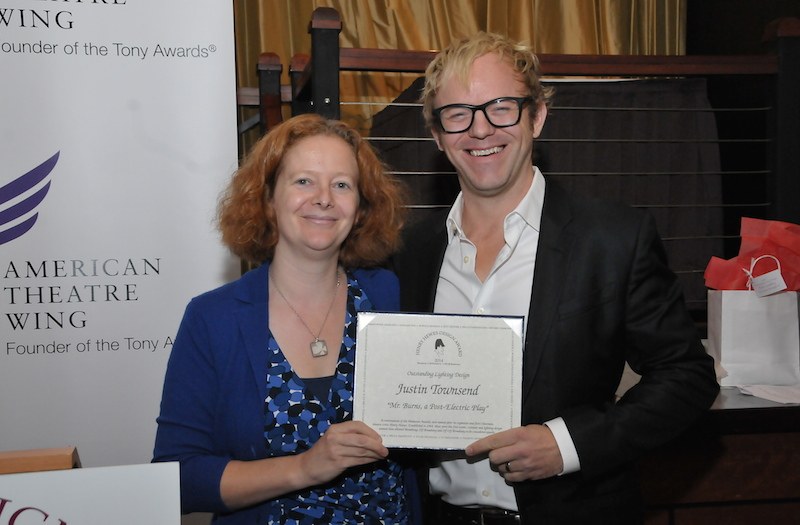 Past Henry Hewes Award winner and Tony Nominee Jane Cox presents the award to Justin Townsend for his lighting design of Mr. Burns, a Post-Electric Play. Credit: Shevett Studios