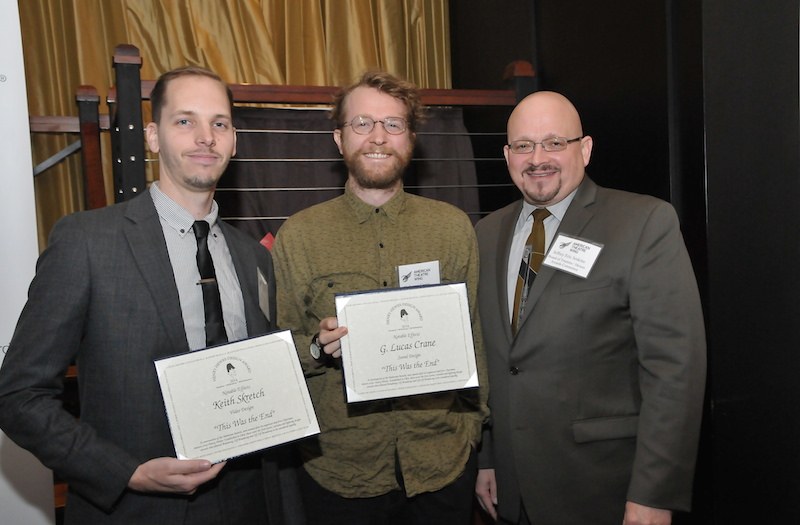Henry Hewes Award Recipients Keith Skretch (Video Design - This Was the End), G. Lucas Crane (Sound Design - This Was the End), Board Member Jeffrey Eric Jenkins. Credit: Shevett Studios